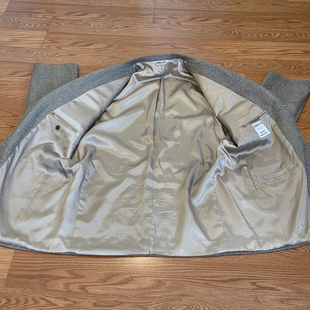 VTG Tweed Jacket L Black Beige Herringbone 100% Lambs Wool Blazer Sport Coat 44R - Picture 9 of 16